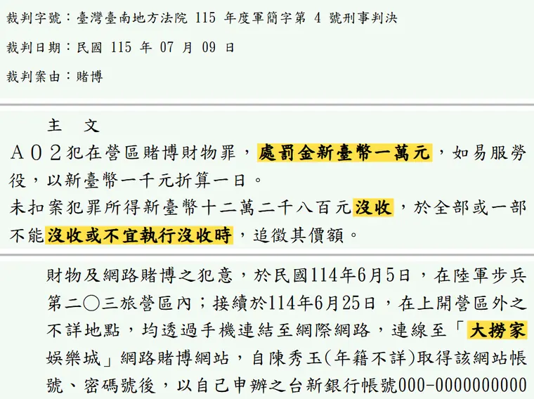臺灣臺南地方法院115年度軍簡字第4號刑事判決 原文截圖(被告姓名已遮)
