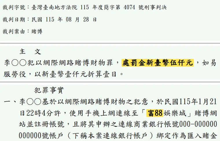 臺灣臺南地方法院115年度簡字第4074號刑事判決 原文截圖(被告姓名已遮)