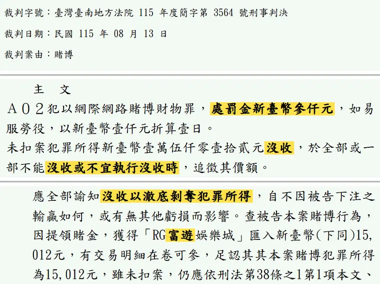 臺灣臺南地方法院115年度簡字第3564號刑事判決 原文截圖(被告姓名已遮)