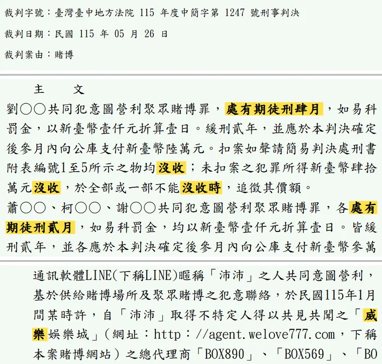 臺灣臺中地方法院115年度中簡字第1247號刑事判決 原文截圖(被告姓名已遮)