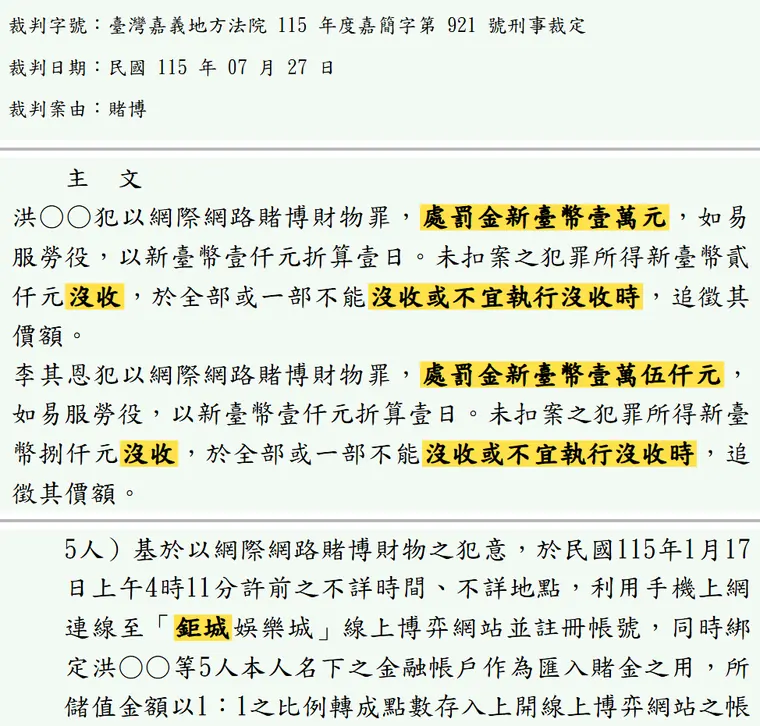 臺灣嘉義地方法院115年度嘉簡字第921號刑事裁定 原文截圖(被告姓名已遮)