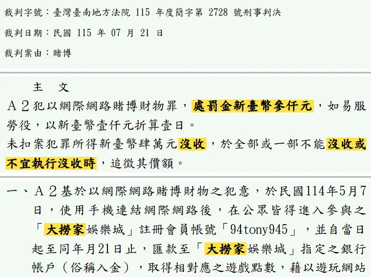 臺灣臺南地方法院115年度簡字第2728號刑事判決 原文截圖(被告姓名已遮)