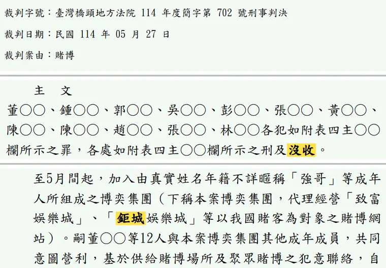 臺灣橋頭地方法院114年度簡字第702號刑事判決 原文截圖(被告姓名已遮)