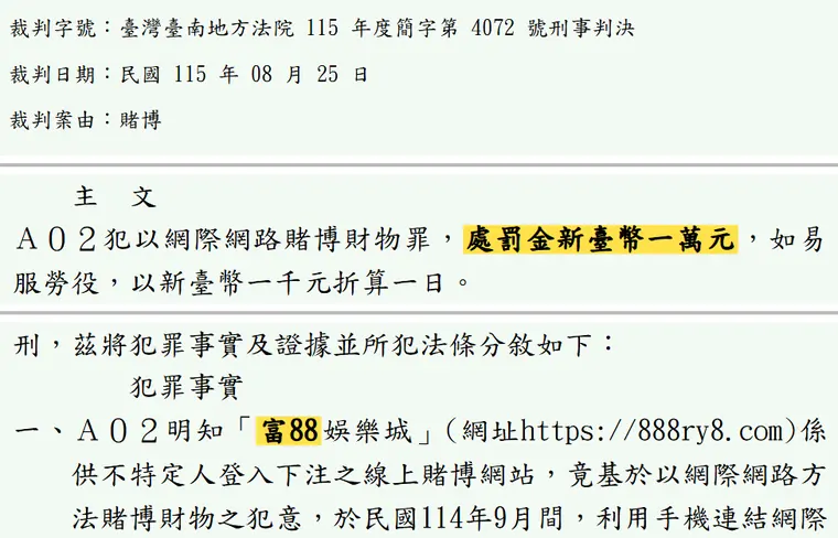 臺灣臺南地方法院115年度簡字第4072號刑事判決 原文截圖(被告姓名已遮)