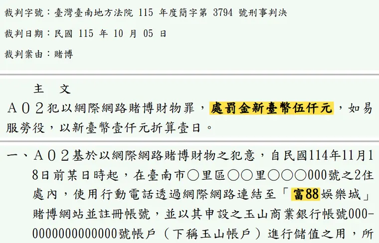 臺灣臺南地方法院115年度簡字第3794號刑事判決 原文截圖(被告姓名已遮)