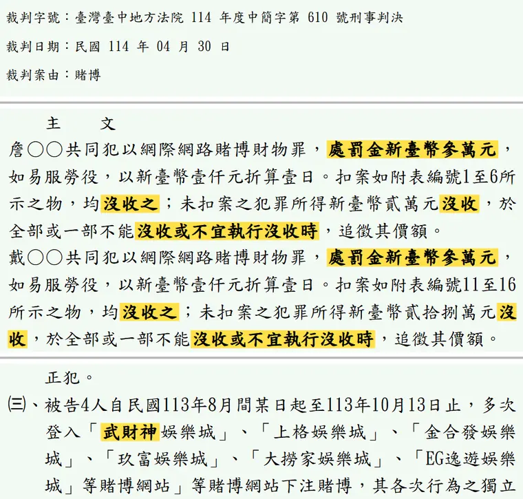 臺灣臺中地方法院114年度中簡字第610號刑事判決 原文截圖(被告姓名已遮)