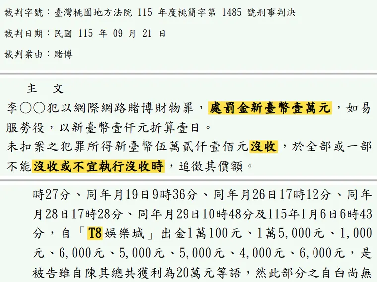 臺灣桃園地方法院115年度桃簡字第1485號刑事判決 原文截圖(被告姓名已遮)