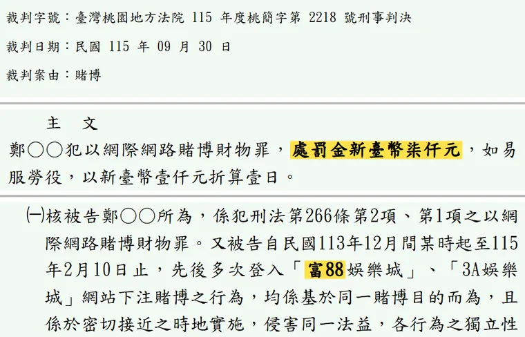 臺灣桃園地方法院115年度桃簡字第2218號刑事判決 原文截圖(被告姓名已遮)