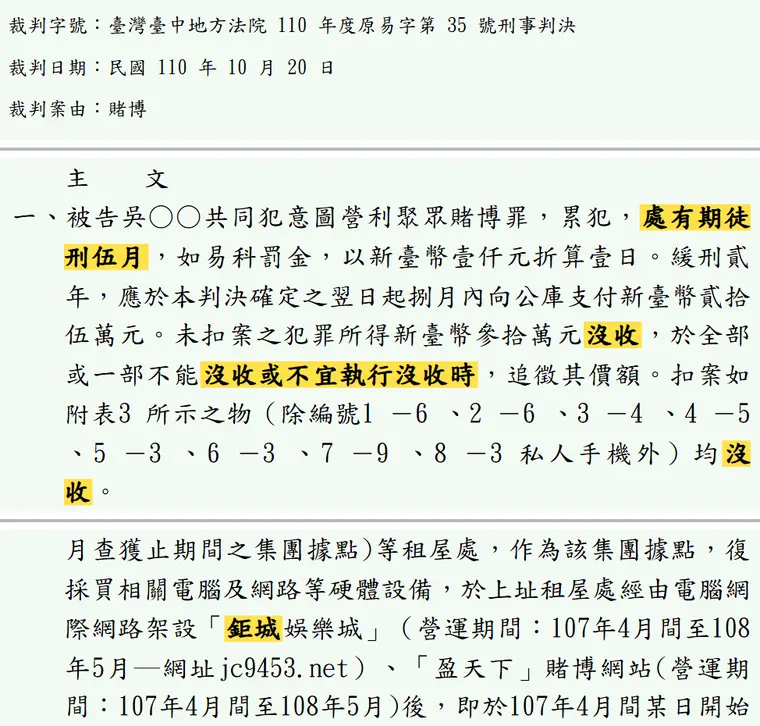 臺灣臺中地方法院110年度原易字第35號刑事判決 原文截圖(被告姓名已遮)