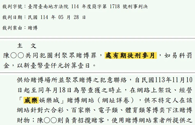 臺灣臺南地方法院114年度簡字第1718號刑事判決 原文截圖(被告姓名已遮)