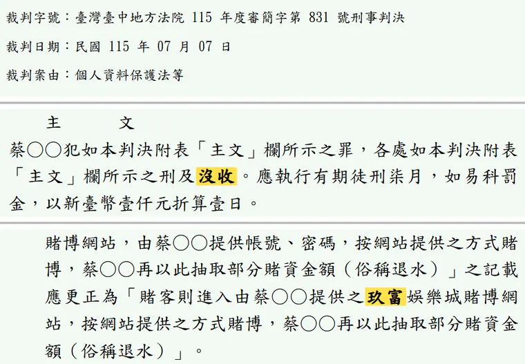 臺灣臺中地方法院115年度審簡字第831號刑事判決 原文截圖(被告姓名已遮)