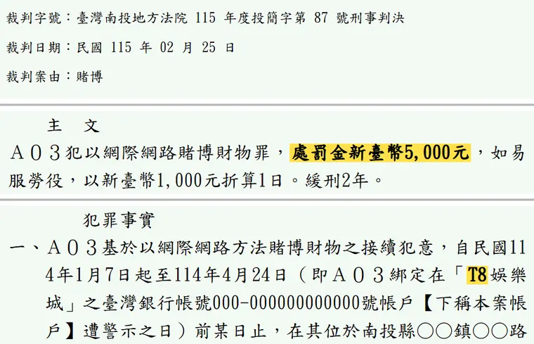 臺灣南投地方法院115年度投簡字第87號刑事判決 原文截圖(被告姓名已遮)