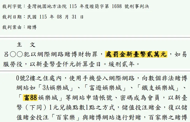 臺灣桃園地方法院115年度壢簡字第1698號刑事判決 原文截圖(被告姓名已遮)