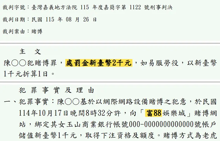 臺灣嘉義地方法院115年度嘉簡字第1122號刑事判決 原文截圖(被告姓名已遮)