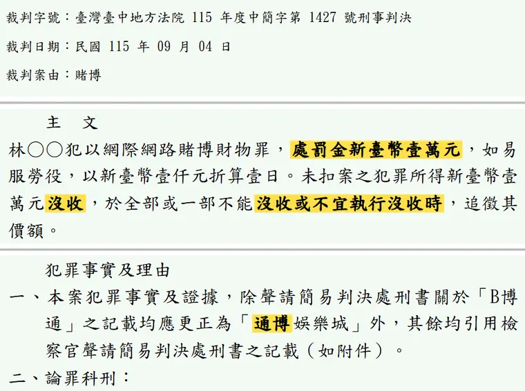 臺灣臺中地方法院115年度中簡字第1427號刑事判決 原文截圖(被告姓名已遮)