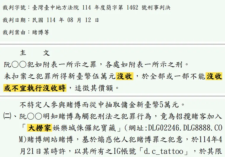 臺灣臺中地方法院114年度簡字第1462號刑事判決 原文截圖(被告姓名已遮)