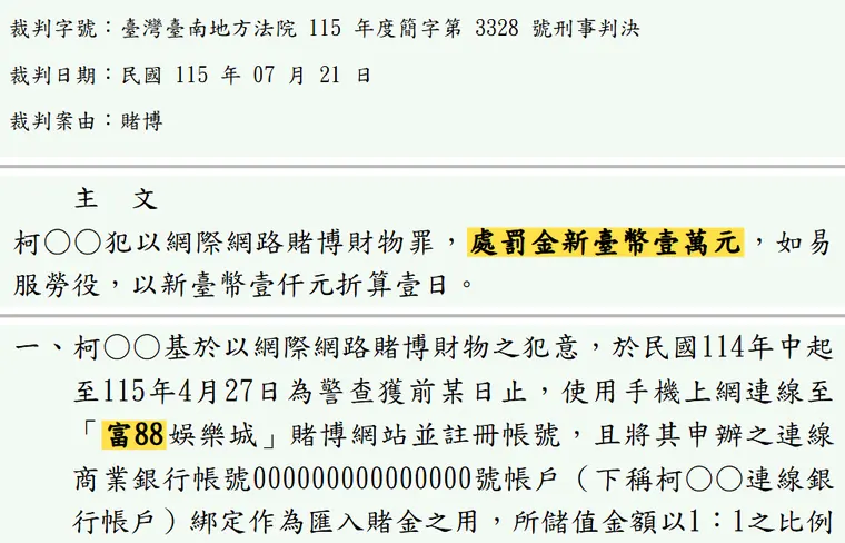 臺灣臺南地方法院115年度簡字第3328號刑事判決 原文截圖(被告姓名已遮)